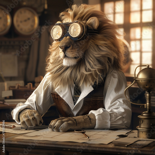 A lion garbed as an engineer, crafting marvels , hyper realistic, low noise, low texture photo