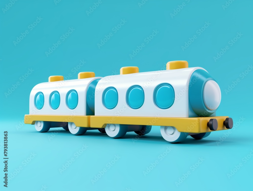 Toy train with wheels on electric blue surface