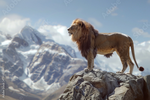 A lion standing atop a mountain, overseeing worlds beyond , hyper realistic, low noise, low texture © North