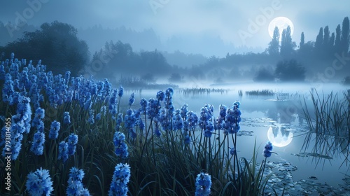 Create a dreamlike scene A cluster of pickerel rush with luminescent blue flowers sways gently in the evening breeze The pond behind them isnt filled with water, but with a swirling mist that reflects photo