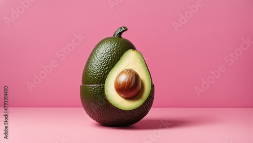 An avocado wearing a bra made of pink bubble gum