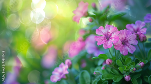 Closeup of pink purple flower on blurred greenery background