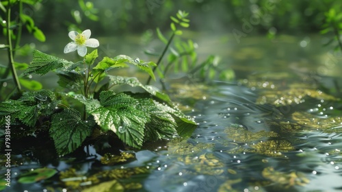 A stagnant pond with murky water fills the background In the foreground, on the left side, a closeup view reveals an arrowhead plant emerging from the water The green leaves are covered in tiny drople photo