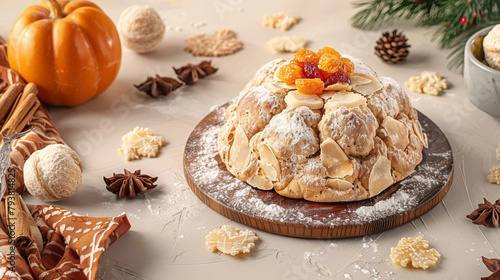 A pumpkin and orange pastry with a sprinkle of powdered sugar on top. The pastry is surrounded by a variety of spices and nuts, including cinnamon, nutmeg, and almonds