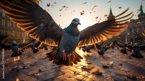 One pigeon spreads its wings confidently as it stands out in a crowd of fellow pigeons, showcasing its beauty photo