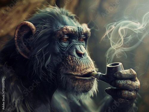 A monkey smoking a pipe, exhaling smoke that forms into visions of the forest s history , hyper realistic, low noise, low texture