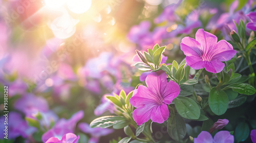 Closeup of pink purple flower under sunlight 