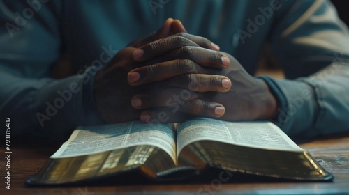 A pastor's hands resting on the open pages of the Bible as they lead a congregation in prayer, embodying spiritual leadership.