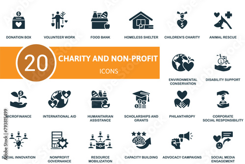 Charity and non-profit set. Creative icons.