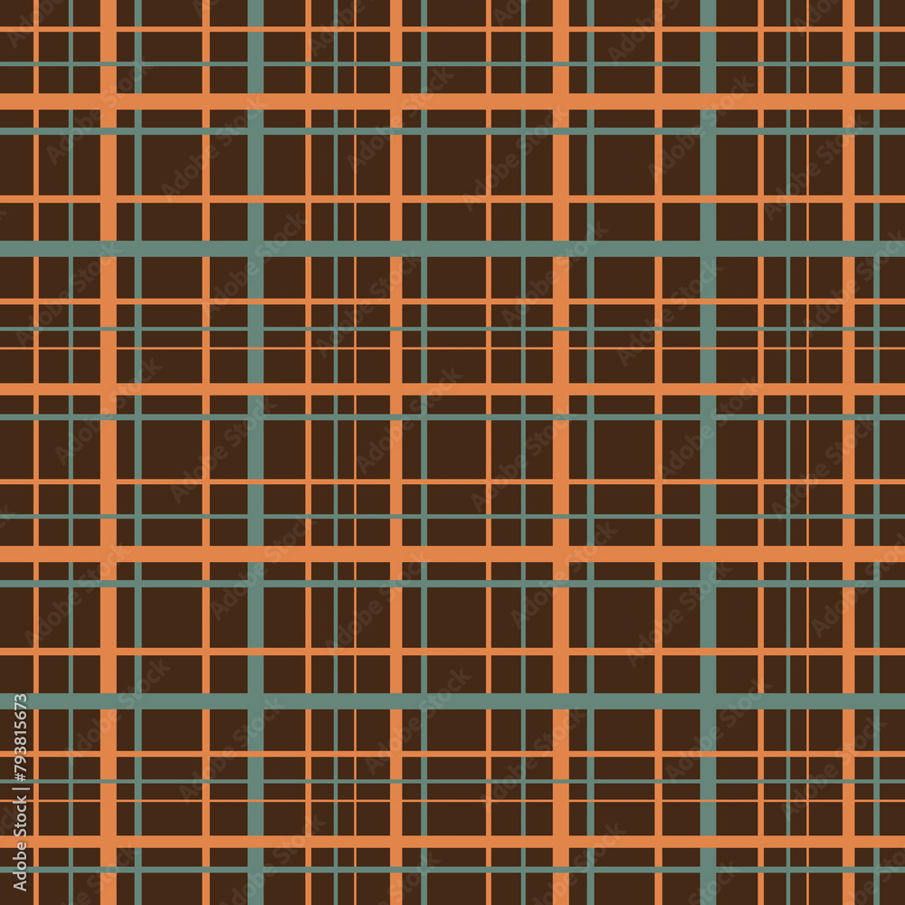 Cool checkered pattern on brown background, stripes, checkered seamless texture, picnic tablecloth, bed linen, green and orange check. Cool checkered pattern on brown background, stripes, checkered seamless texture, picnic tablecloth, bed linen, green and orange check.