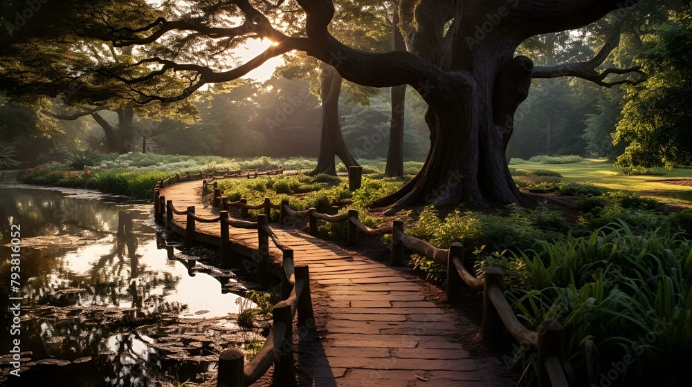 Obraz premium Winding footpath through green forest.