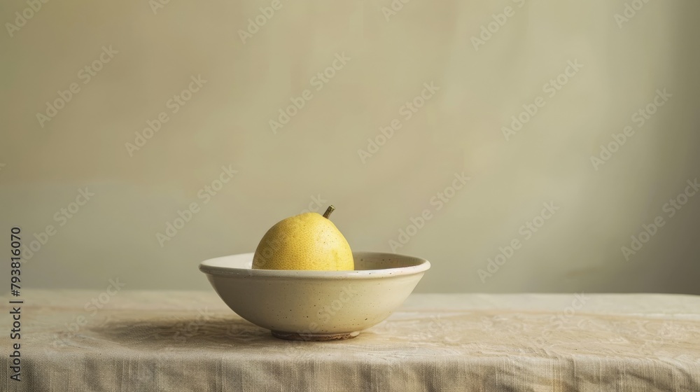A simple ceramic bowl holding a single piece of fruit on a plain table, the composition a testament to the beauty found in everyday objects. A simple ceramic bowl holding a single piece of fruit on a plain table, the composition a testament to the beauty found in everyday objects.