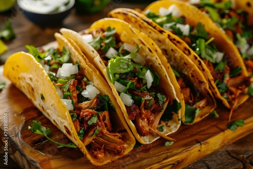 traditional mexican tacos with meat and vegetables on a wooden table restaraunt and bar concept cinco de mayo cretition concept photo-realistic banner photo