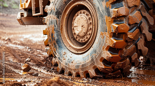 A giant truck with huge wheels bravely navigates through a muddy construction site, leaving deep tracks in its wake