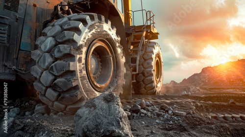 A massive truck, kicking up dust and gravel, rumbles down a rugged dirt road on a mission through the construction site photo