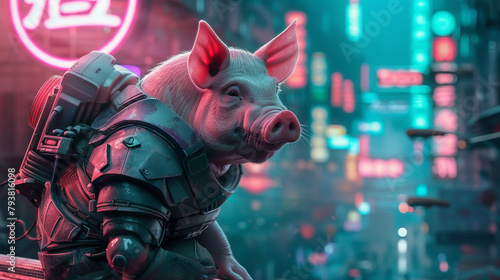 A pig in futuristic armor, patrolling a neonlit cityscape in the sky , hyper realistic, low noise, low texture photo