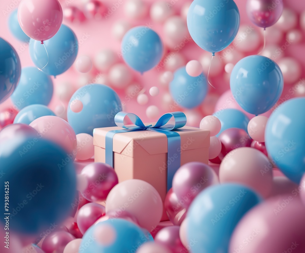 Gift box on a background of balloons. Color pink, blue, white. Delicate background for text -11 Gift box on a background of balloons. Color pink, blue, white. Delicate background for text -11