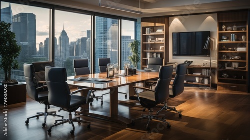 A modern conference room overlooks a bustling cityscape with skyscrapers and urban streets below © Muhammad