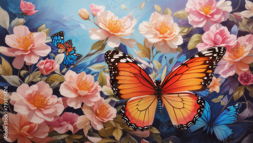 A blue and orange butterfly is resting on a flower