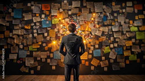 A man deep in thought, surrounded by colorful sticky notes on a wall