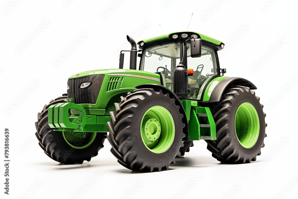 Agricultural green tractor on white background. Topics related to agriculture. Topics related to the agricultural world. Image for graphic designer. Agricultural job offer. Organic farming. Agricultural green tractor on white background. Topics related to agriculture. Topics related to the agricultural world. Image for graphic designer. Agricultural job offer. Organic farming.