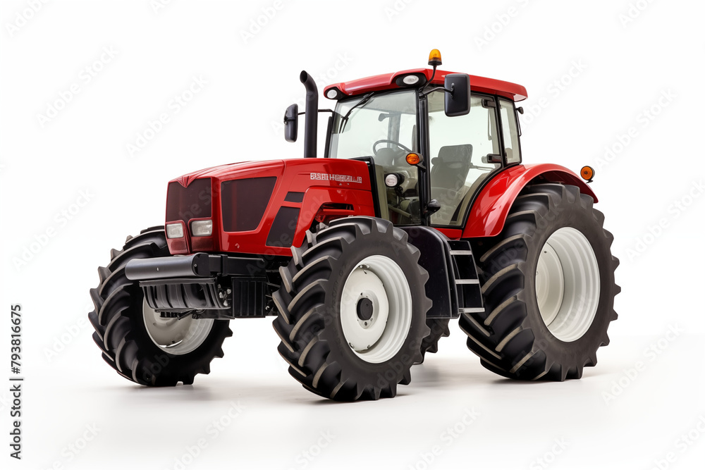 Agricultural red tractor on white background. Topics related to agriculture. Topics related to the agricultural world. Image for graphic designer. Agricultural job offer. Organic farming. Agricultural red tractor on white background. Topics related to agriculture. Topics related to the agricultural world. Image for graphic designer. Agricultural job offer. Organic farming.