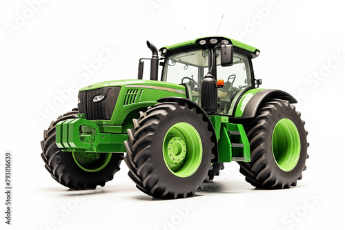 Agricultural green tractor on white background. Topics related to agriculture. Topics related to the agricultural world. Image for graphic designer. Agricultural job offer. Organic farming.