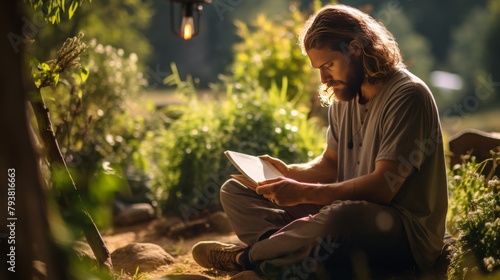 A man with contemplative expression reading a book while seated on the ground