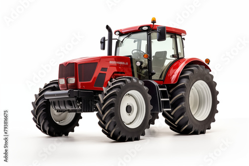 Agricultural red tractor on white background. Topics related to agriculture. Topics related to the agricultural world. Image for graphic designer. Agricultural job offer. Organic farming.