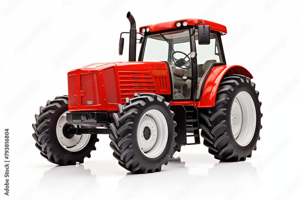 Agricultural red tractor on white background. Topics related to agriculture. Topics related to the agricultural world. Image for graphic designer. Agricultural job offer. Organic farming. Agricultural red tractor on white background. Topics related to agriculture. Topics related to the agricultural world. Image for graphic designer. Agricultural job offer. Organic farming.