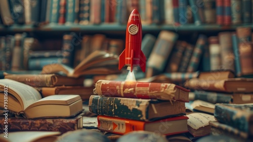 Education's journey visualized as a red rocket blasting off from a sea of books