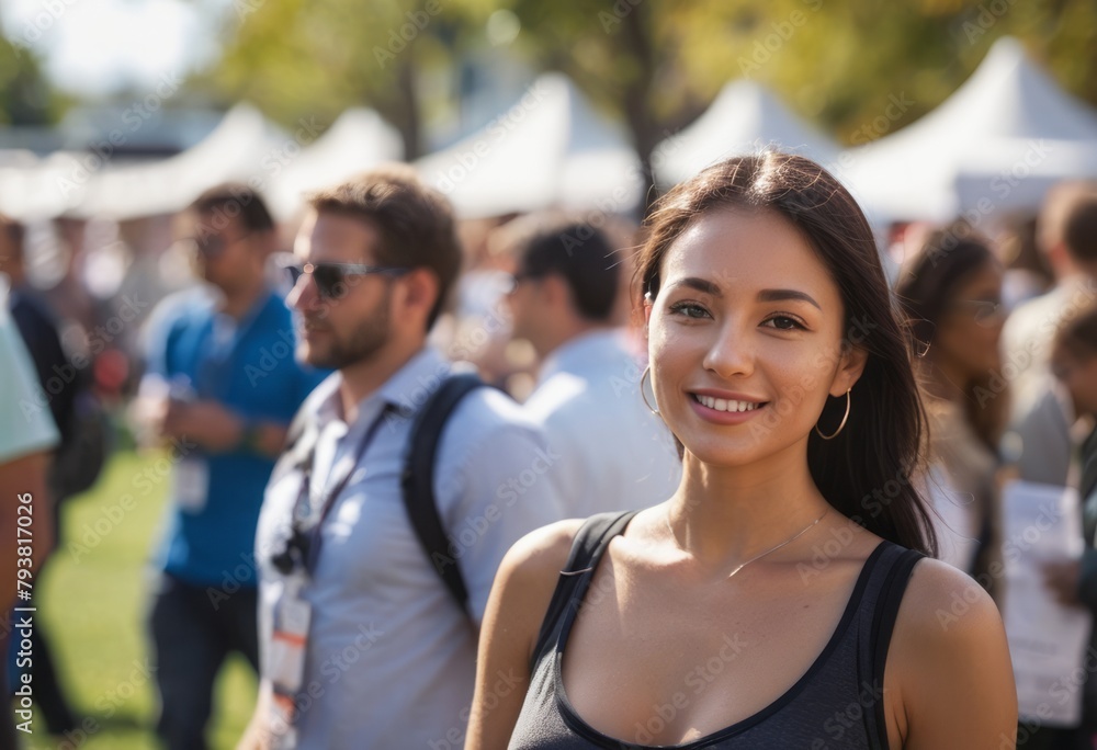 A happy woman enjoying an outdoor event. Candid and vibrant atmosphere captured.