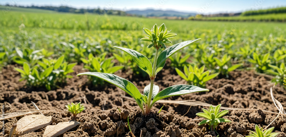 Amidst the beauty of the countryside, a young Withania plant can be seen growing in a field, exemplifying their dicotyledonous traits Amidst the beauty of the countryside, a young Withania plant can be seen growing in a field, exemplifying their dicotyledonous traits