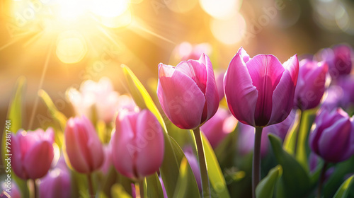 Closeup of purple Tulip flower under sunlight 
