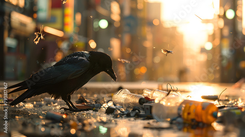 都会の明け方のゴミを漁るカラス photo