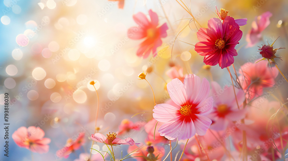 Closeup of red and pink Cosmos flower under sunlight 