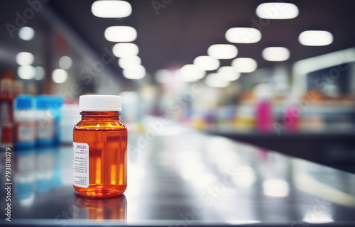 Bottle of medicine on the table in pharmacy drugstore blur background