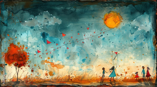 A bright park scene: kids gleefully fly kites while moms watch with joy. Hand-drawn on textured paper using pencil and watercolor.
