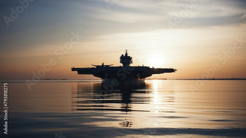majestic aircraft carrier navigates through the calm sea waters, silhouetted against the warm glow of the setting sun, theater of military operation at sea