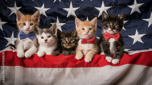 cute kittens sitting against the background of the American flag