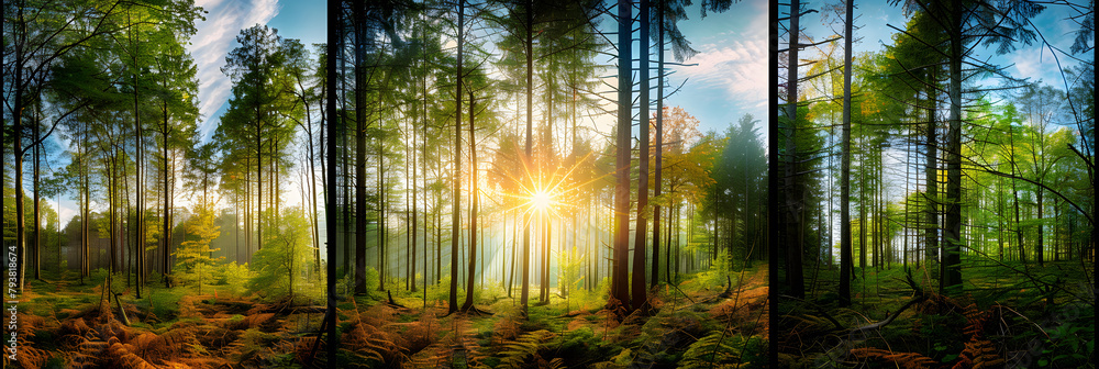 Fototapeta premium Wald Panorama mit Sonnenstrahlen