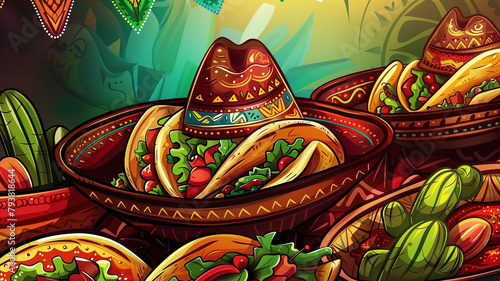 Mexican sombrer  tacos and maracas on vibrant color background. Festive colors illustration for promo on cinco de mayo.