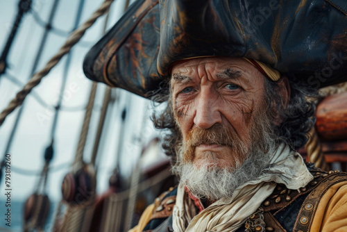 Portrait of a medieval pirate in captain hat on ship. Sea Robber