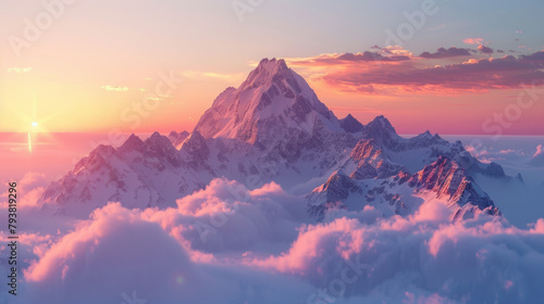 An awe-inspiring, untouched mountain peak emerging through the clouds in the serene light of sunrise.