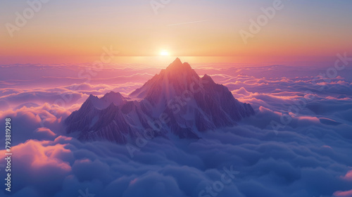 The majestic beauty of an isolated mountain peak untouched by human interference, basking in the serene glow of the sunrise. photo