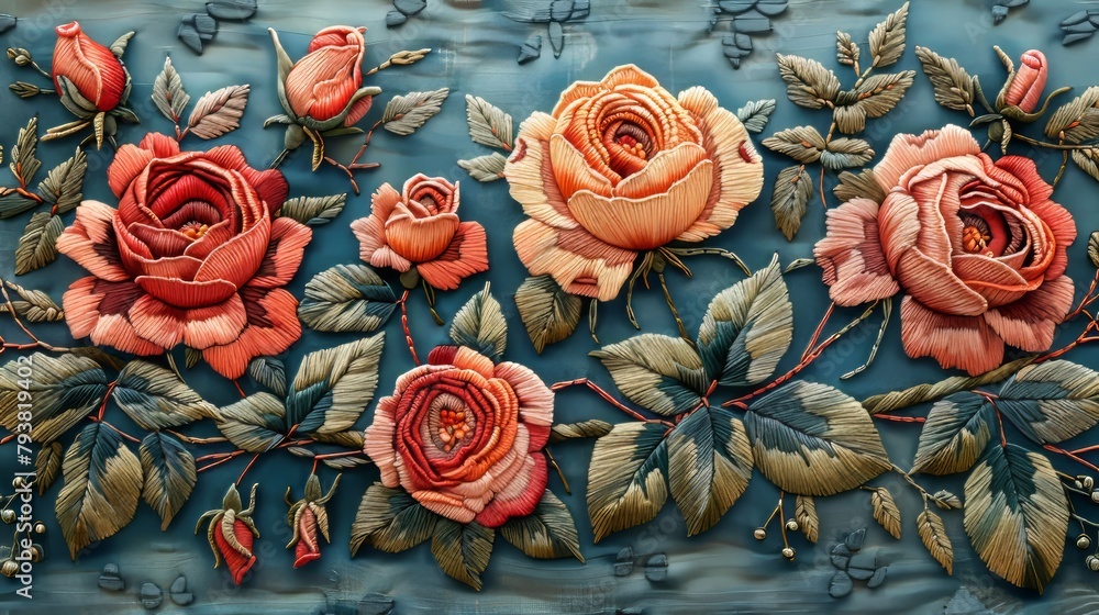 The embroidery composition is featuring roses flowers, buds, and leaves. This floral embroidery pattern is done in satin stitch embroidery on beige background. It can be used for clothing, decor, and
