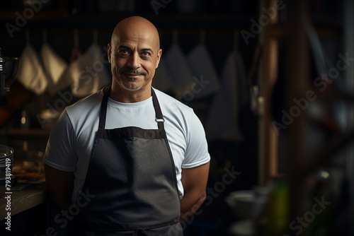 AI generated image of smiling male chef standing in a restaurant kitchen