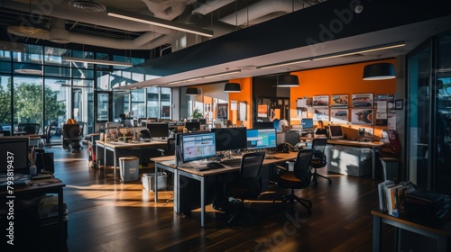 A bustling office filled with rows of desks and computers, employees focused on their screens