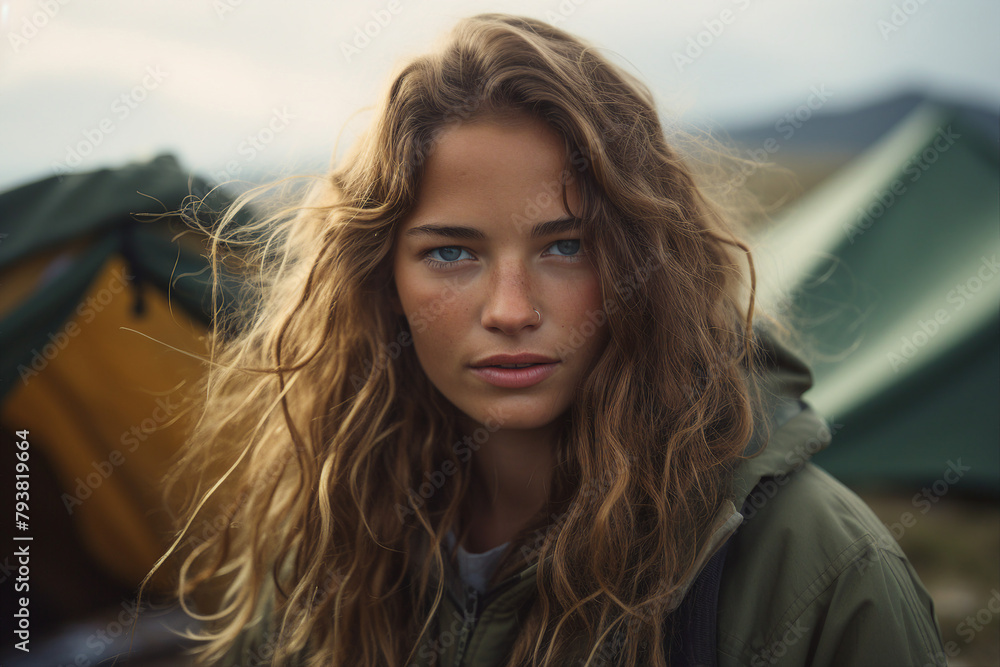 Family leisure weekend vacation on camping tent in wild nature relaxation Generative AI technology illustration