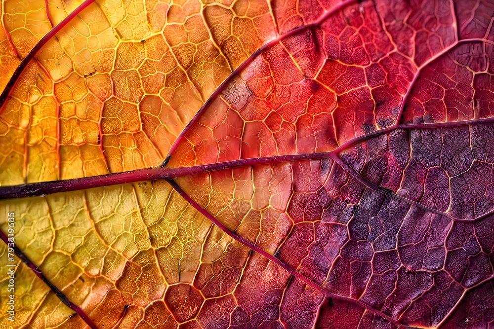 Fototapeta premium Detailed Cross-section of a Vibrant Autumn Leaf Showcasing its Colorful Cellular Structure and Pigmentation